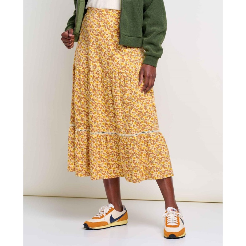 Toad & Co. Marigold Tiered Midi Skirt – Gold Ditsy Print