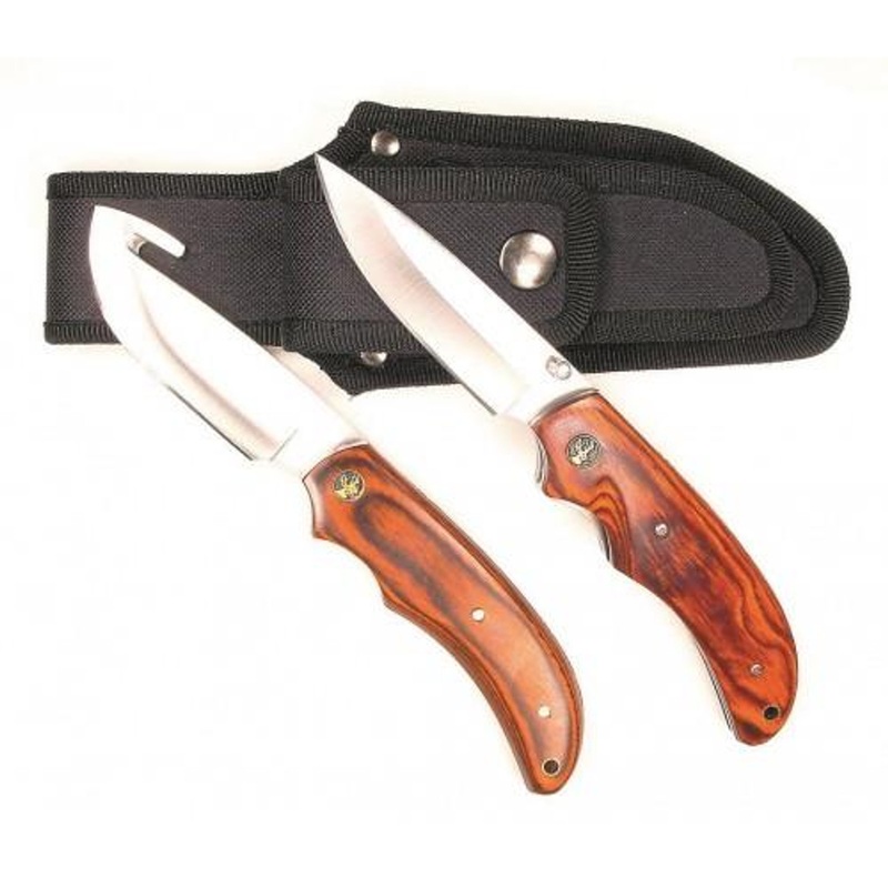 Ruko 2-pc Pakkawood Handle Scales Gut Hook Skinning Knife Set with Folding Knife