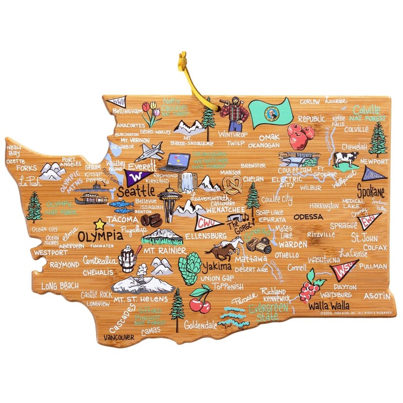 Totally Bamboo Washington State Shaped Cutting and Serving Board with Artwork by Fish Kiss